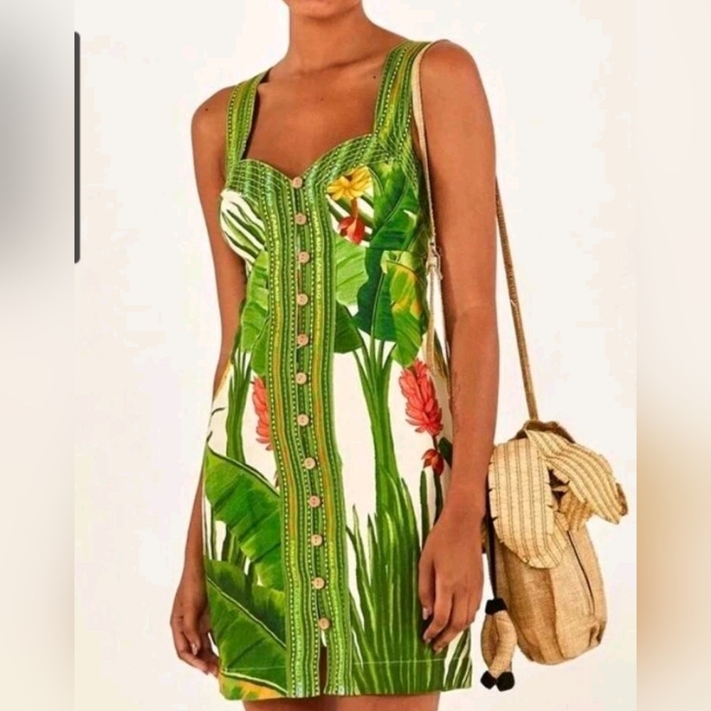 FARM RIO Fresh Forest Scarf Sweetheart-Neck Minidress Large NWT - Picture 9 of 9
